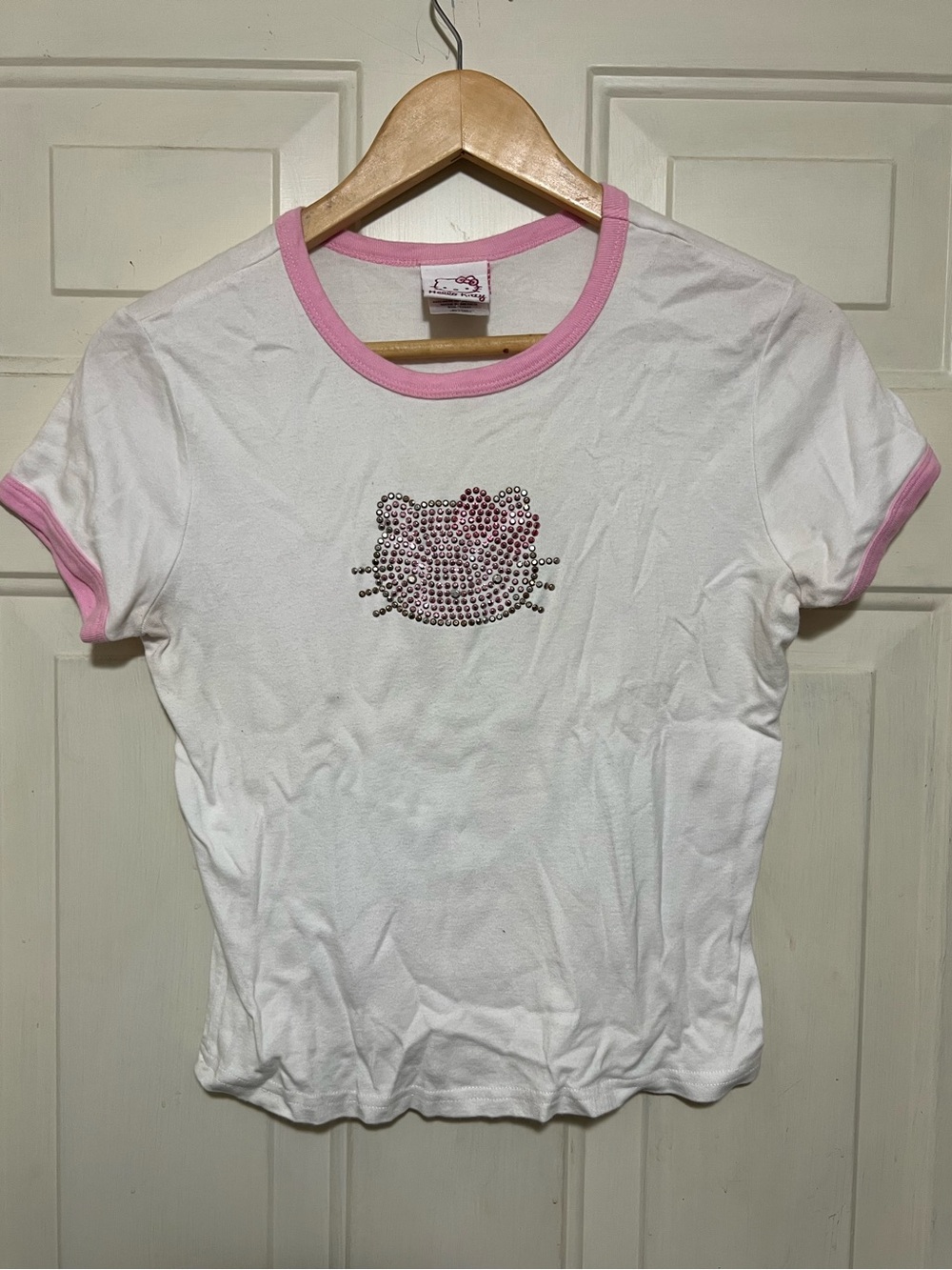 Vintage Y2K Hello Kitty Rhinestone Baby Tee Pink Ringer Top Sanrio XL
